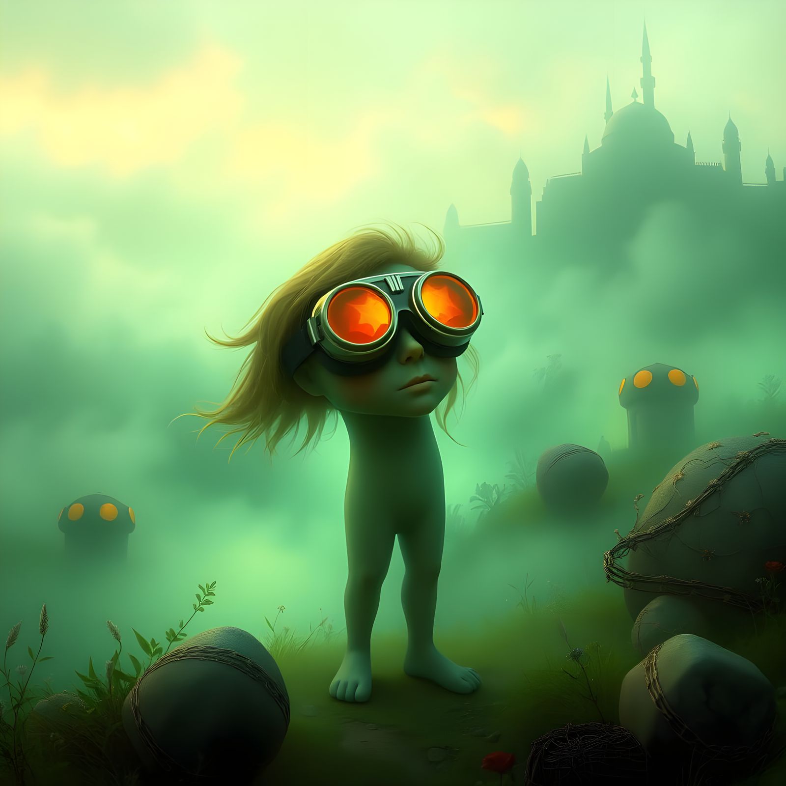 Misty Figure in Luminous Green Dreamscape