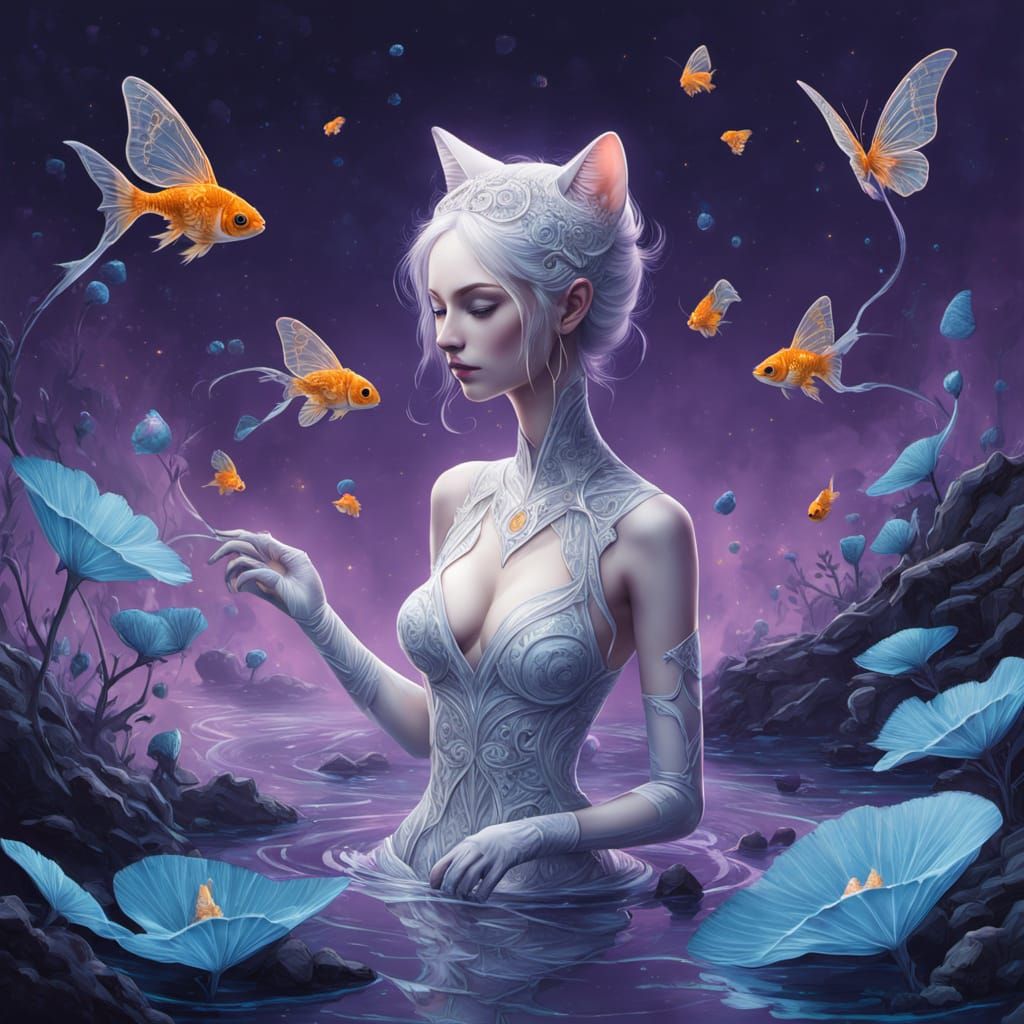 Stardust Cat Catches Flying Goldfish in Bioluminescent Strea...