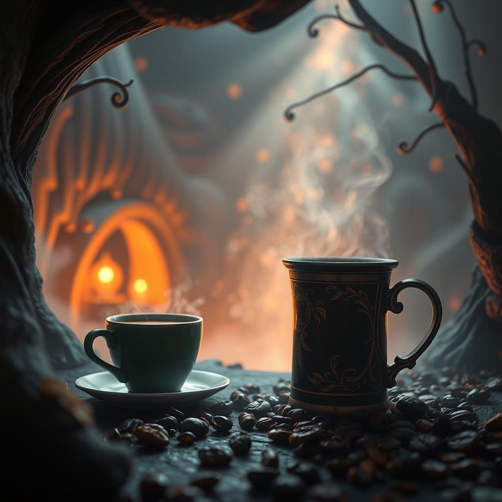 Whimsical Coffee Scene in a Fantastical Realm