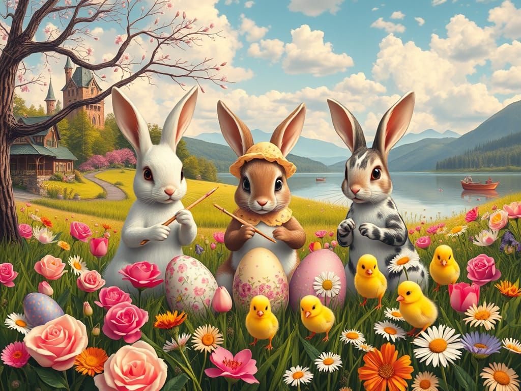 Easter Bunnies Painting Eggs in Neon Retro Style