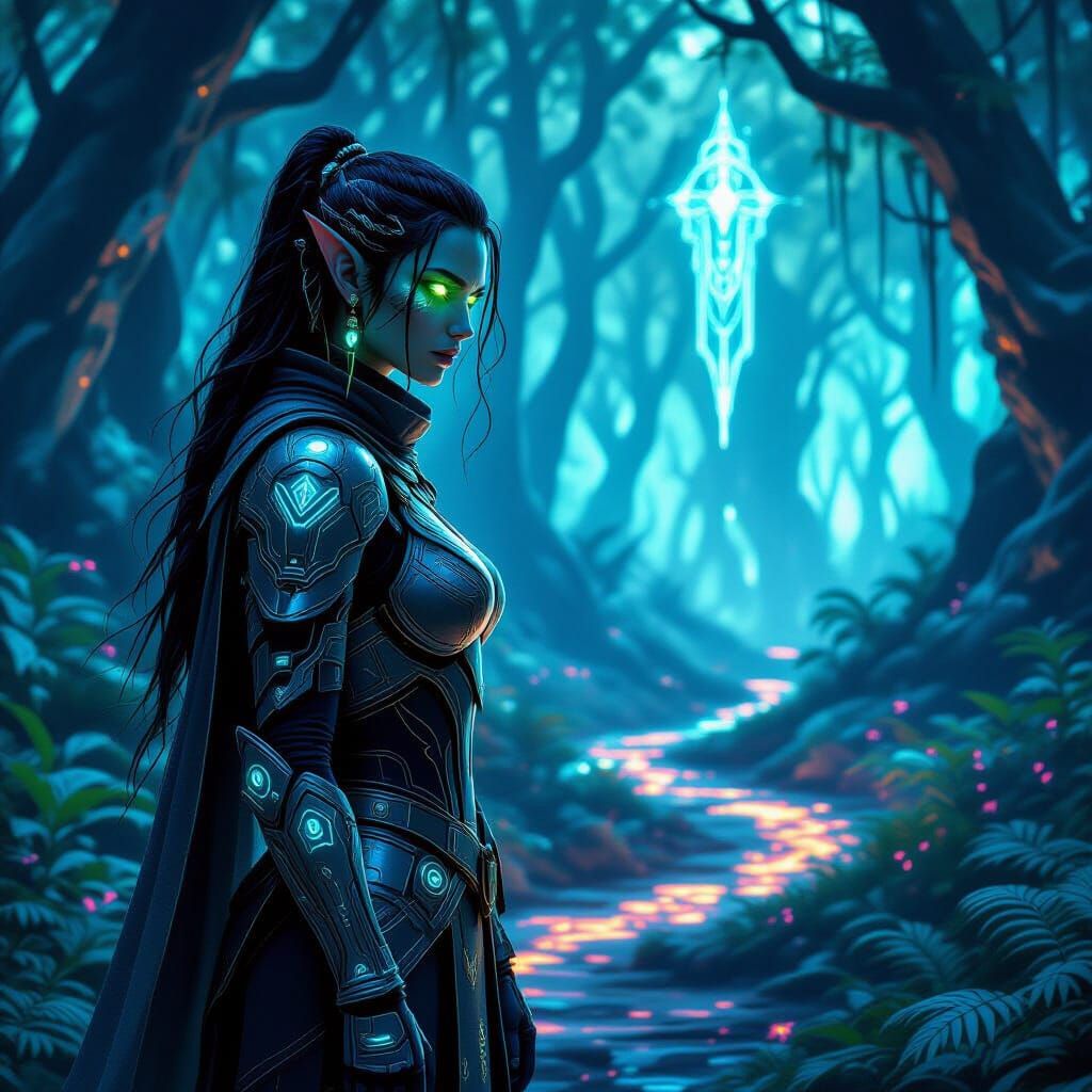 Elven Warrior in Neon Forest, Cybernetic Armor