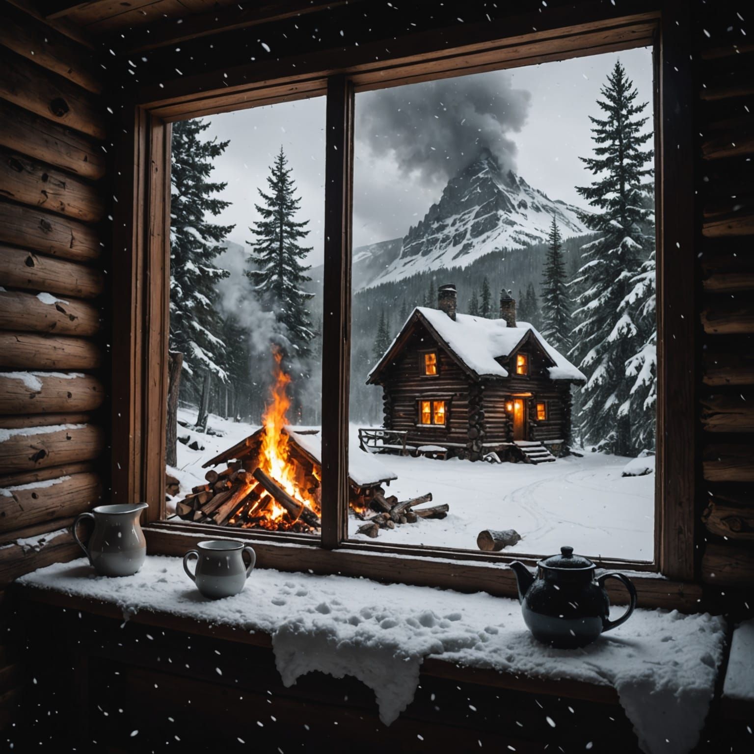 Snow outside the window of a mountain cabin in a blizzard with a roaring fire