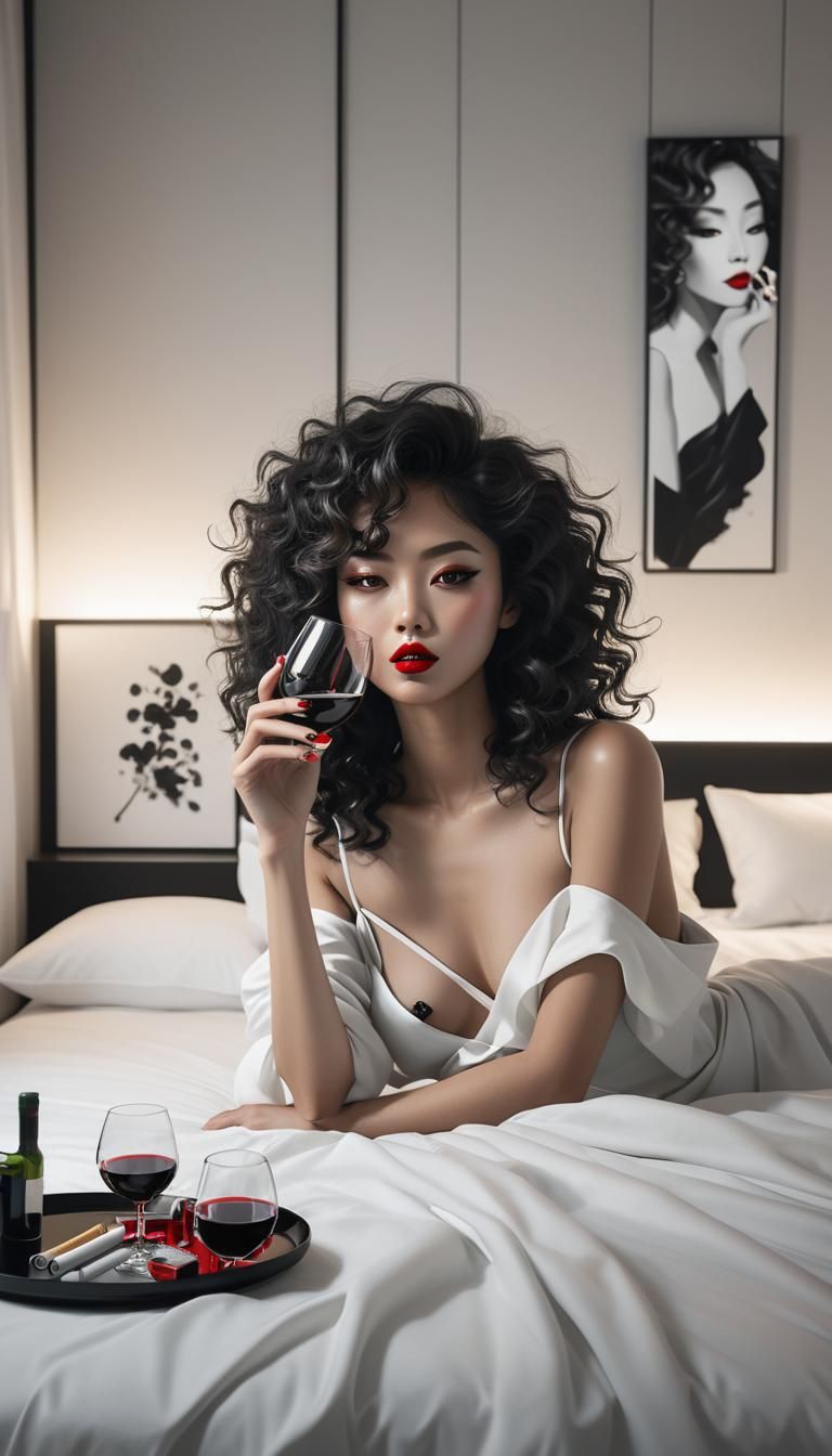 Striking Woman in Minimalist Bedroom