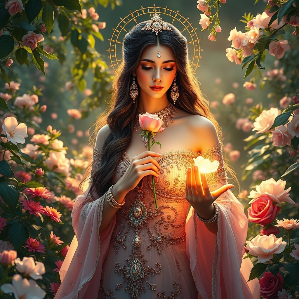 Majestic Goddess of Love in Vibrant Garden