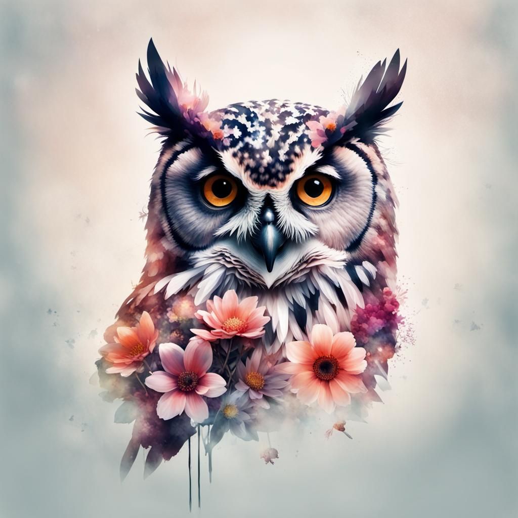 Double Exposure Owl Filled with Garden Flowers