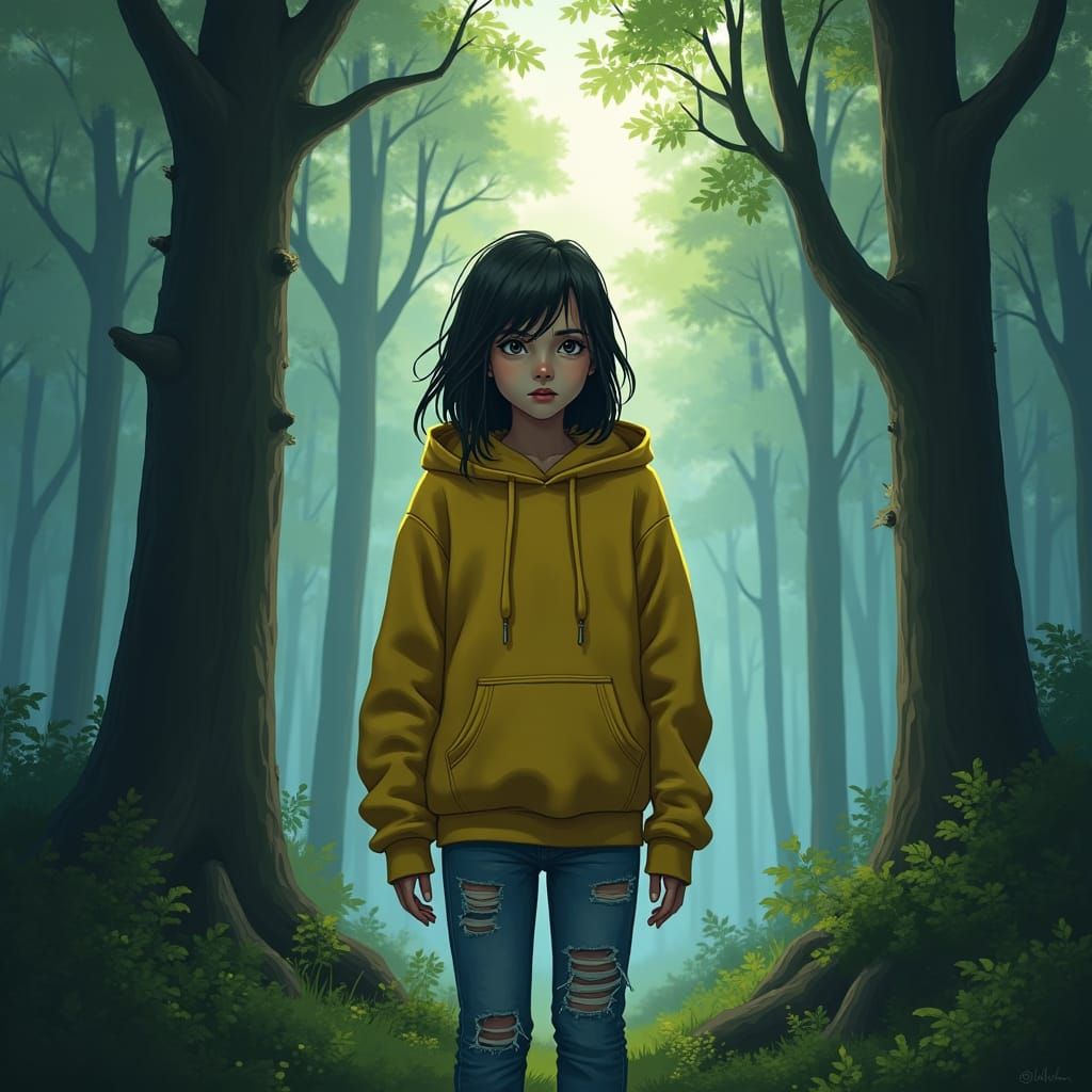 Teenager Lost in Mystical Forest, Vibrant Art Style