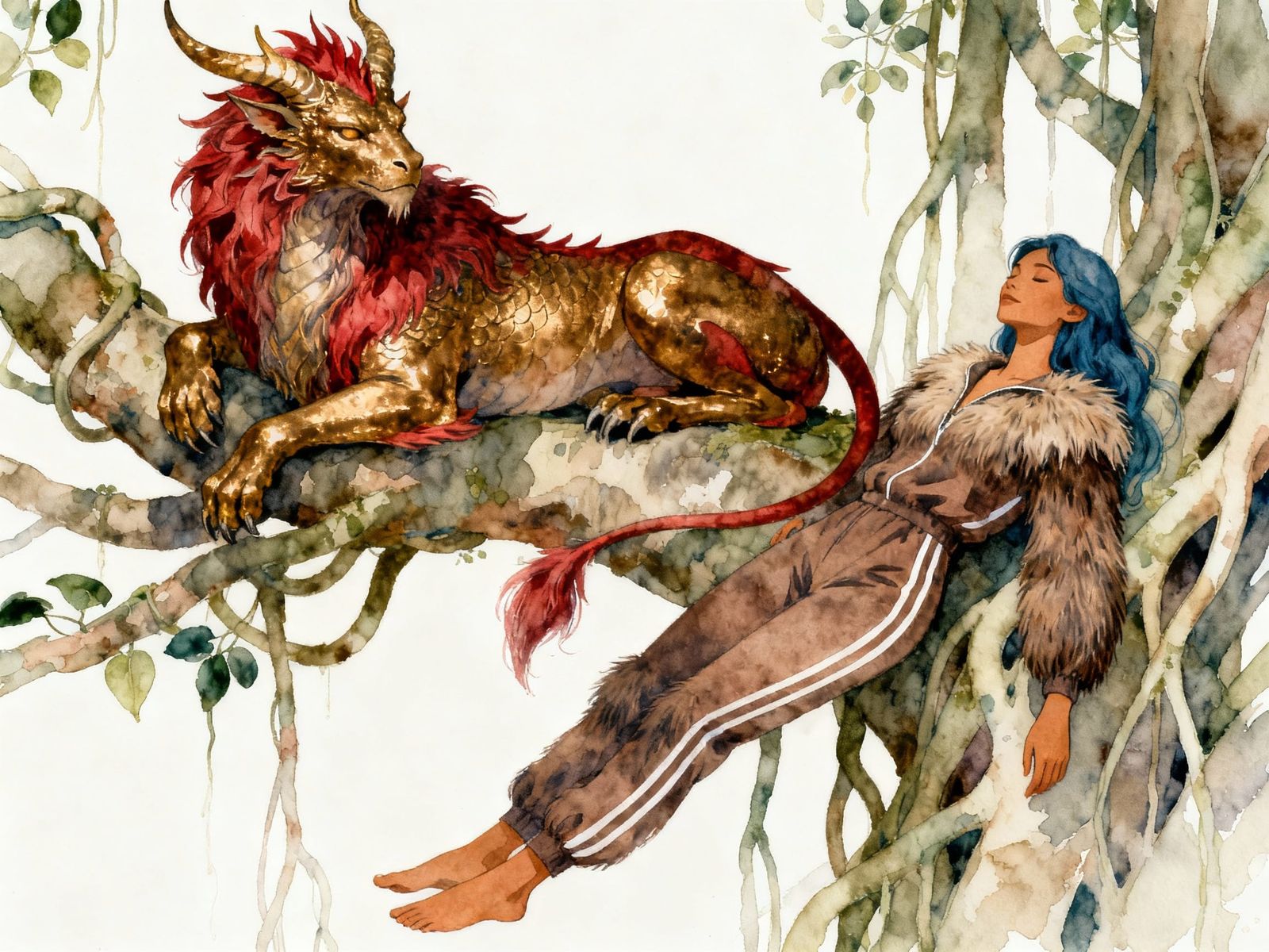 Chimera and Woman Lounging on Banyan Branch in Watercolor