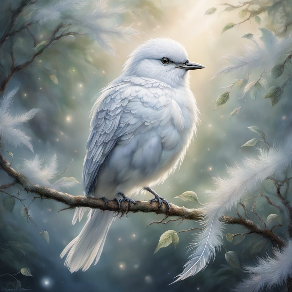 A delicate, ethereal white bird with silver feathers sits beautifully on a branch. The bird's eyes glow in a gentle, enc...
