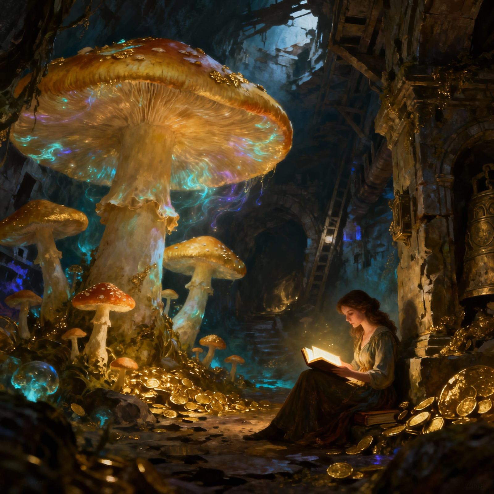 A surreal landscape where giant, mushrooms grow in the ruins of an ancient, Gold mine. A single, lady is seen reading a ...