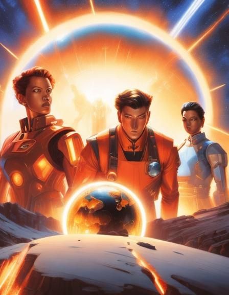 Kids Running from Golden Energy Orb in Sci-Fi Style