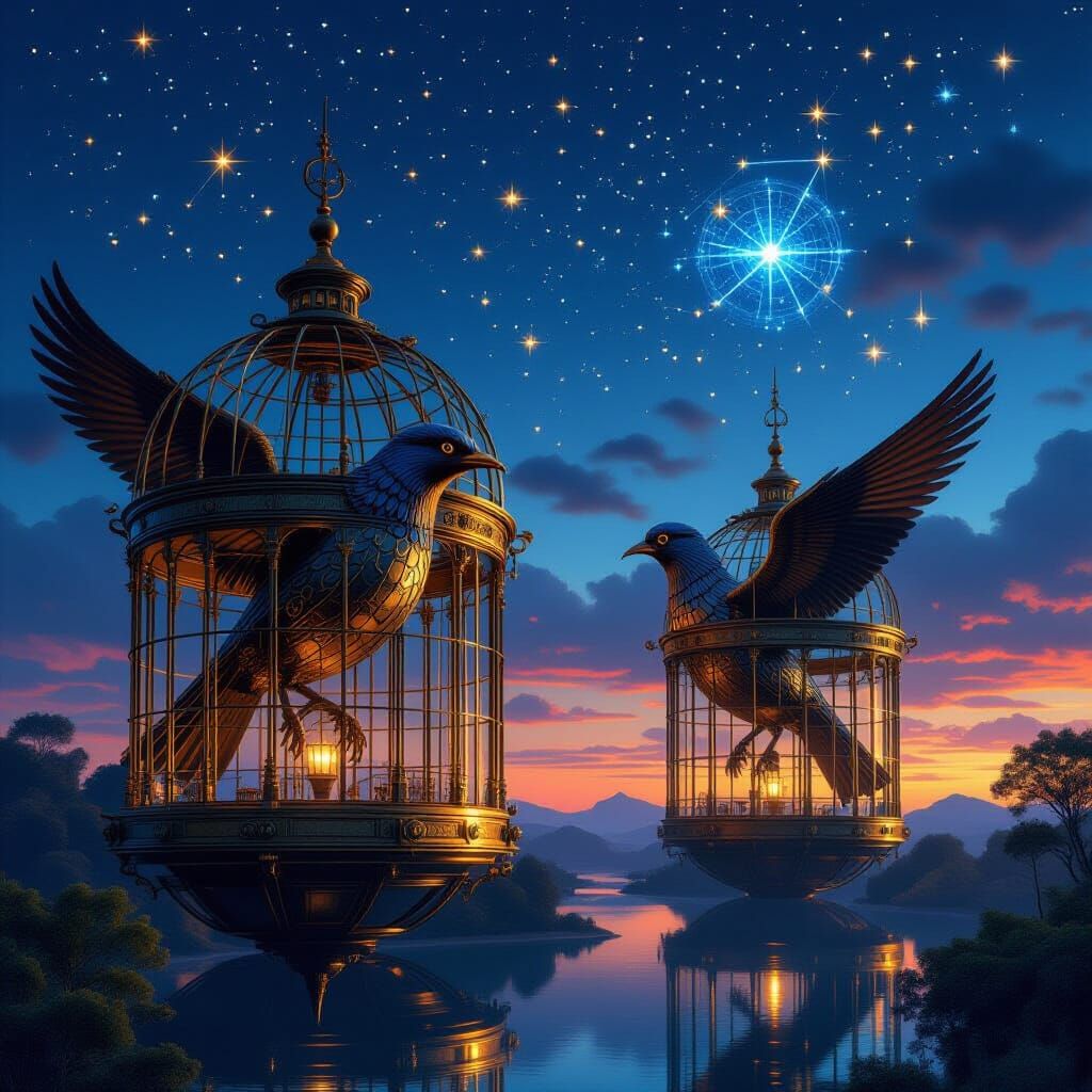 Steampunk Mechanical Birds in Ornate Cages