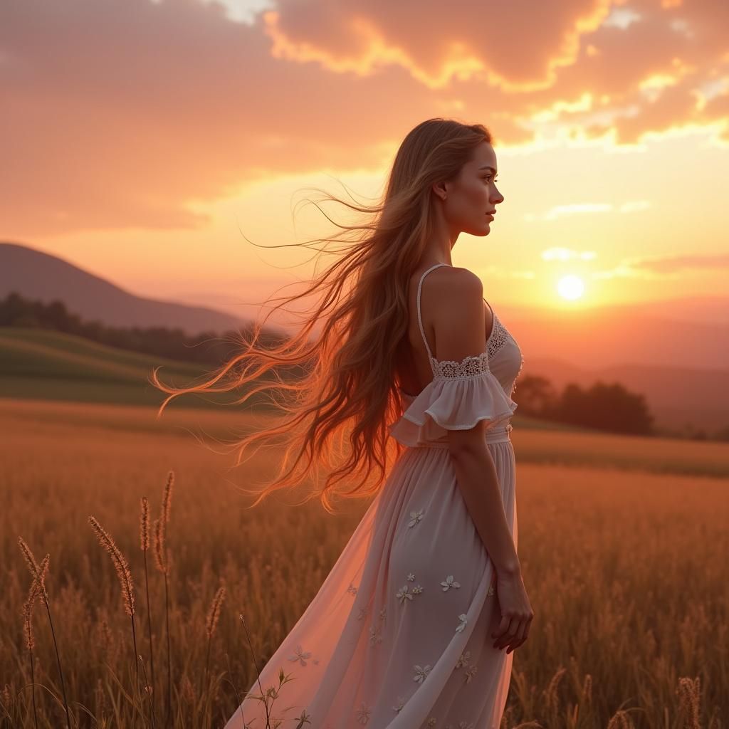 Woman in Summer Dress at Sunset: Fantasy Landscape