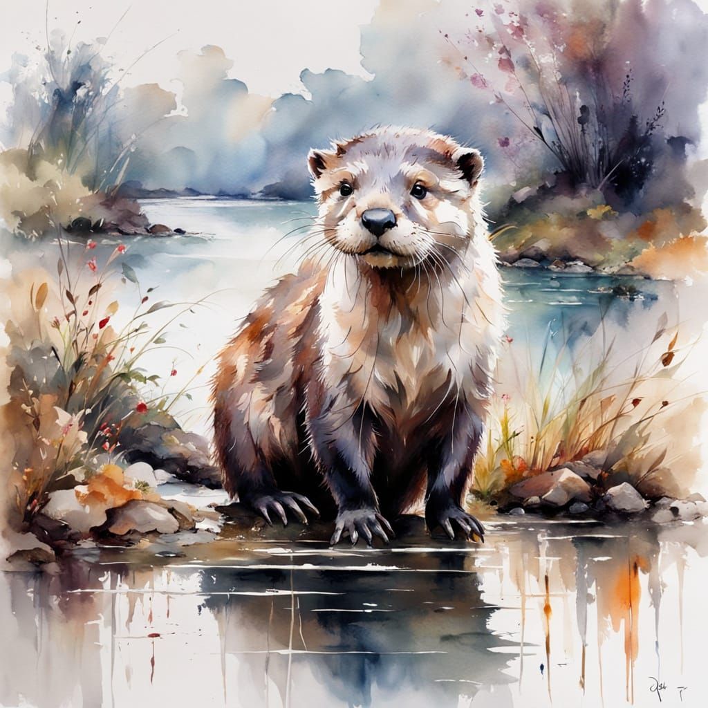 Curious Otter in English Countryside Watercolor