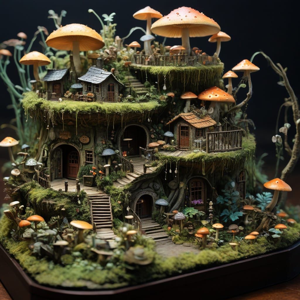 Miniature Village on Giant Mushroom Cap in Ethereal Glow