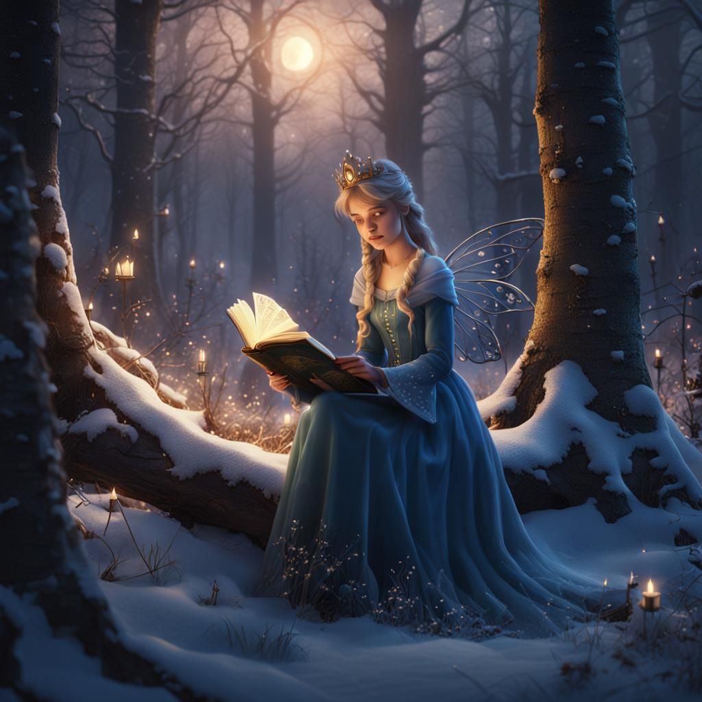 Princess Fairy Reads in Winter Forest, Detailed Matte Painti...