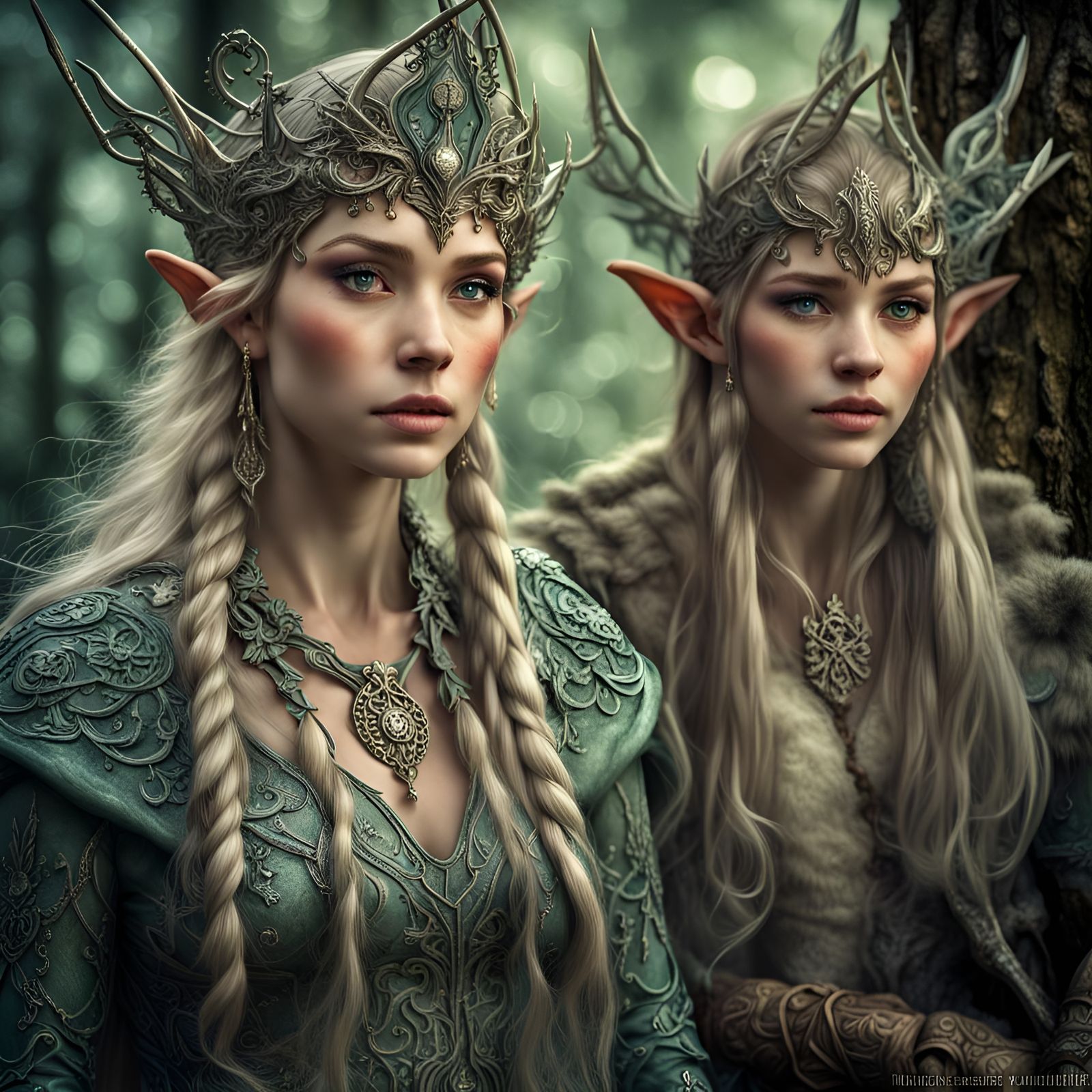 Enchanting Elven Figures Casting Spells in Woodlands