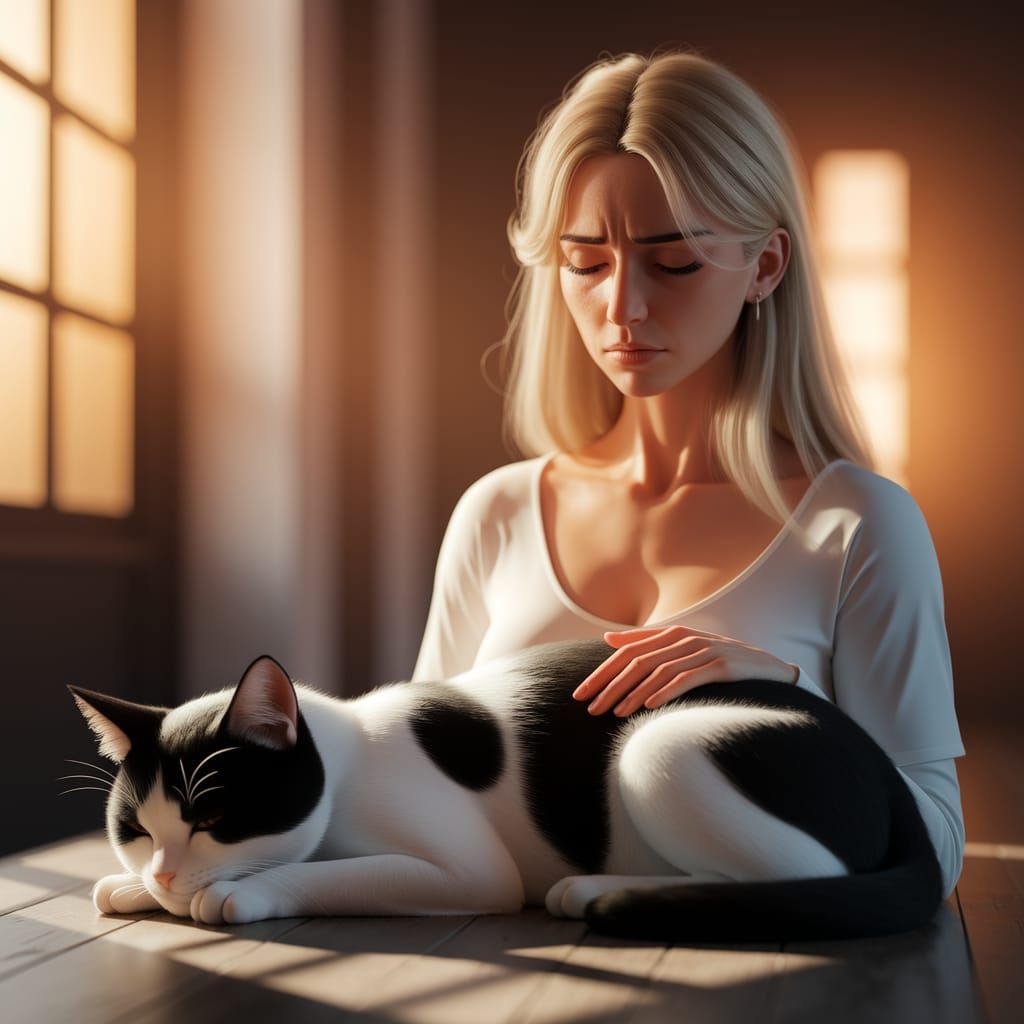 Sorrowful Moment of Goodbye Between Woman and Cat in Warm Su...