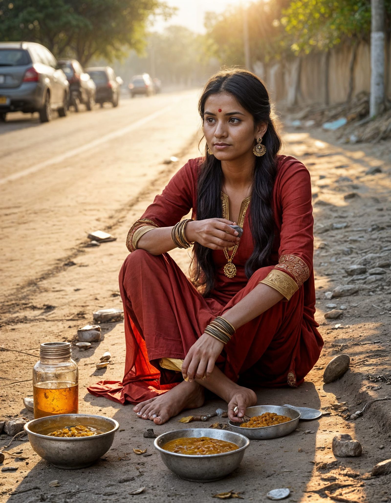 South Asian Woman Finds Hope on Dusty Road