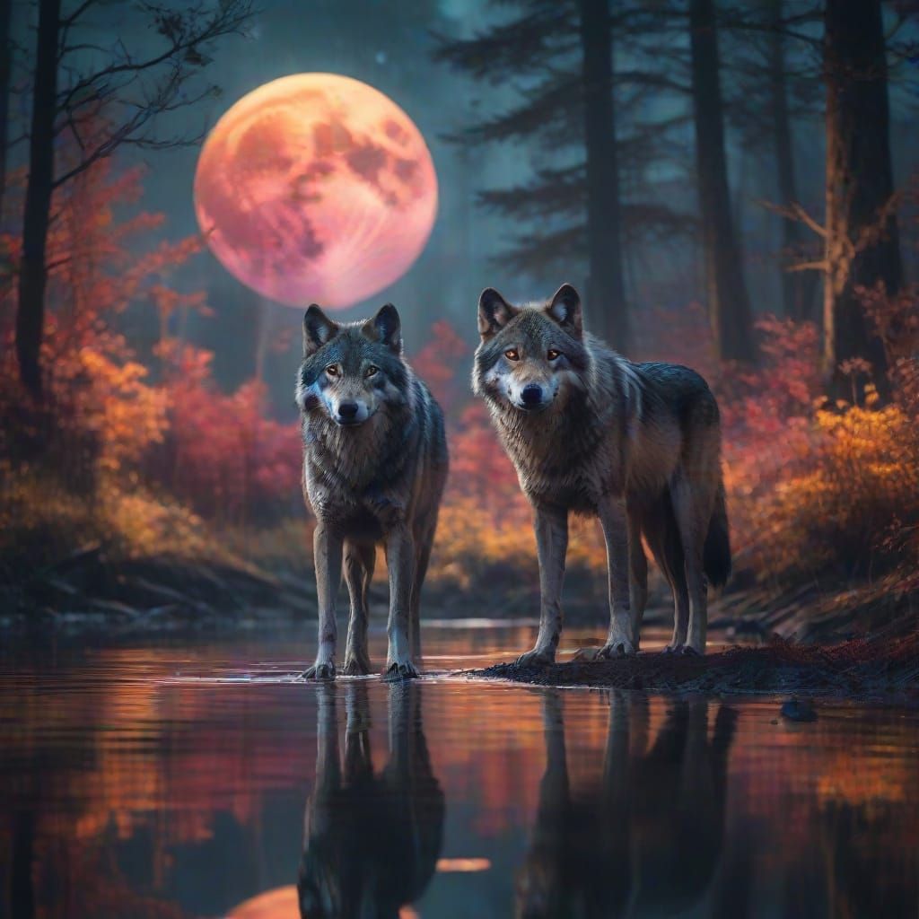Wolf in Colorful Forest Double Exposure Photography