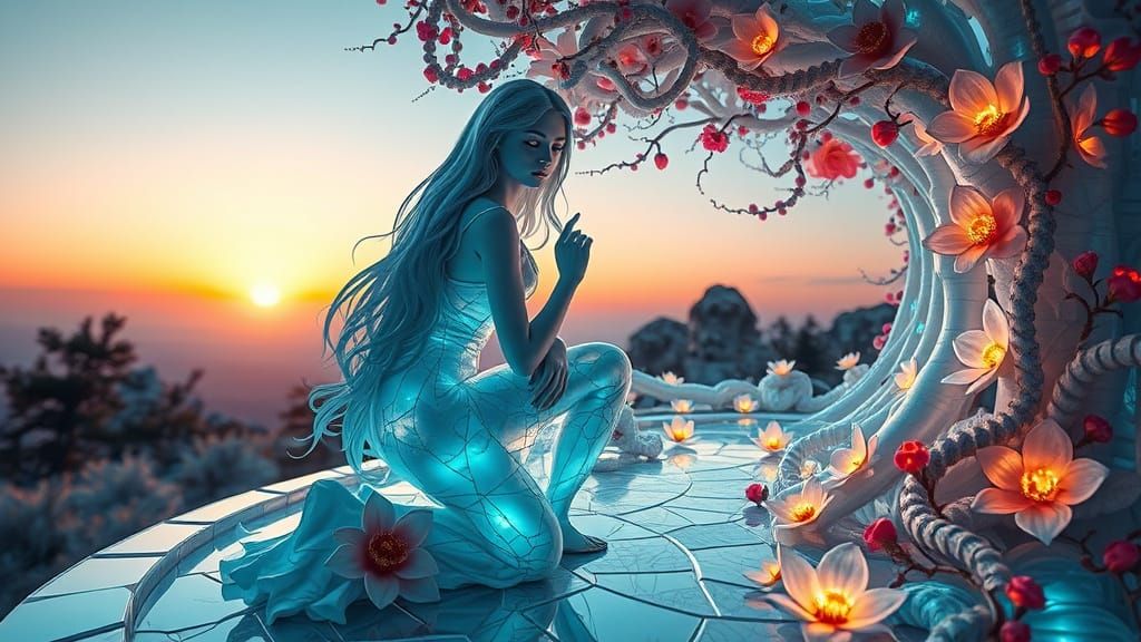 Surreal, Dreamlike Scene of Woman in Sunset Labyrinth