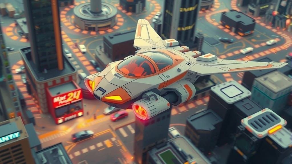 Streamlined Cyber Flying Vehicle in Futuristic City