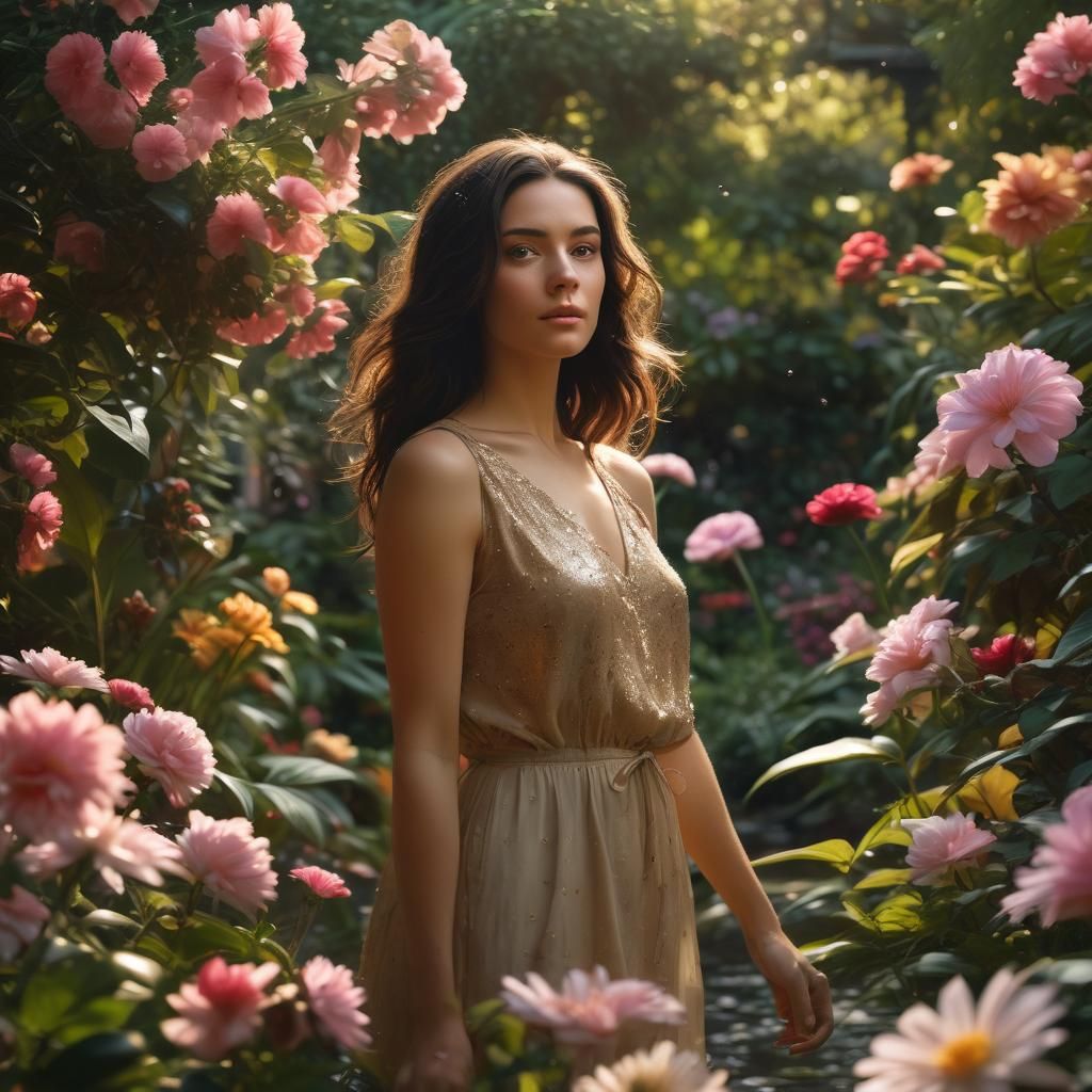 Brunette in Lush Garden, Atmospheric Portrait