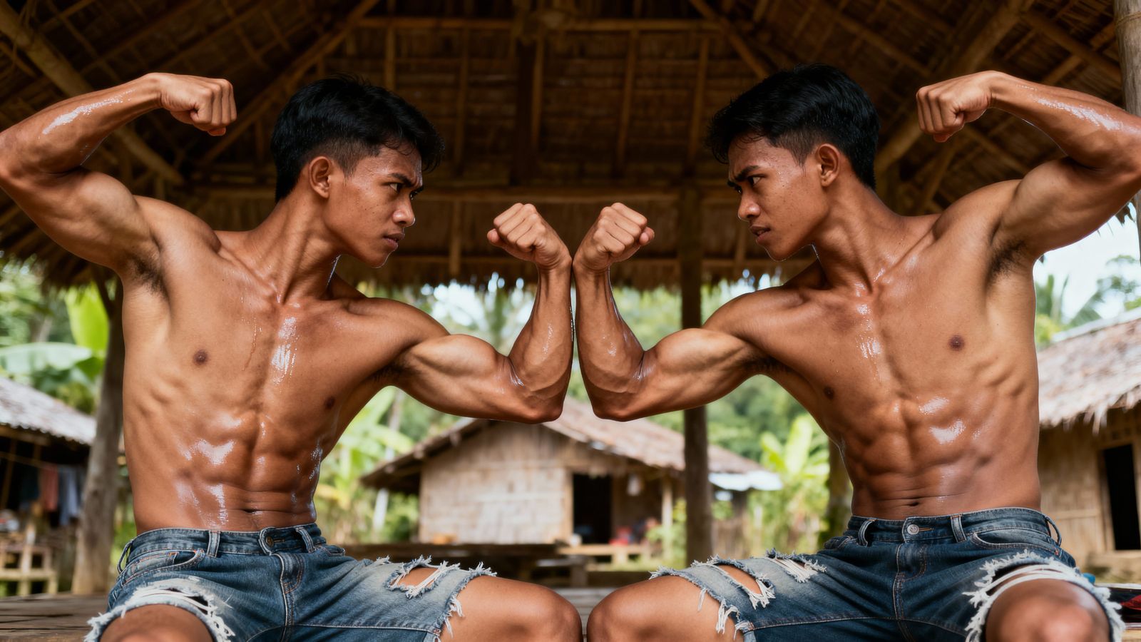 Muscular Javanese Men Flexing Biceps in Rustic Hut