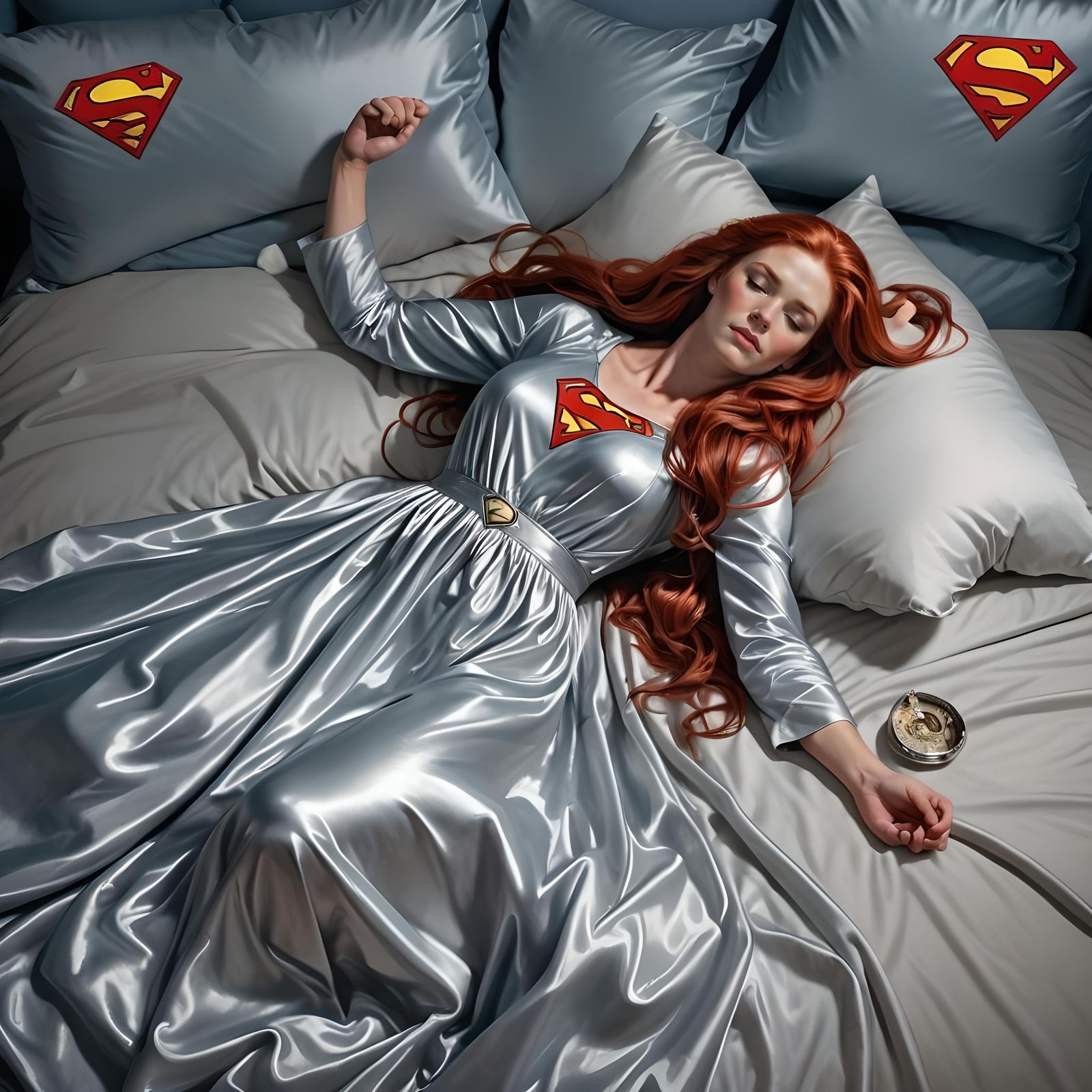Red-Haired Woman with Superman Logo in Bed