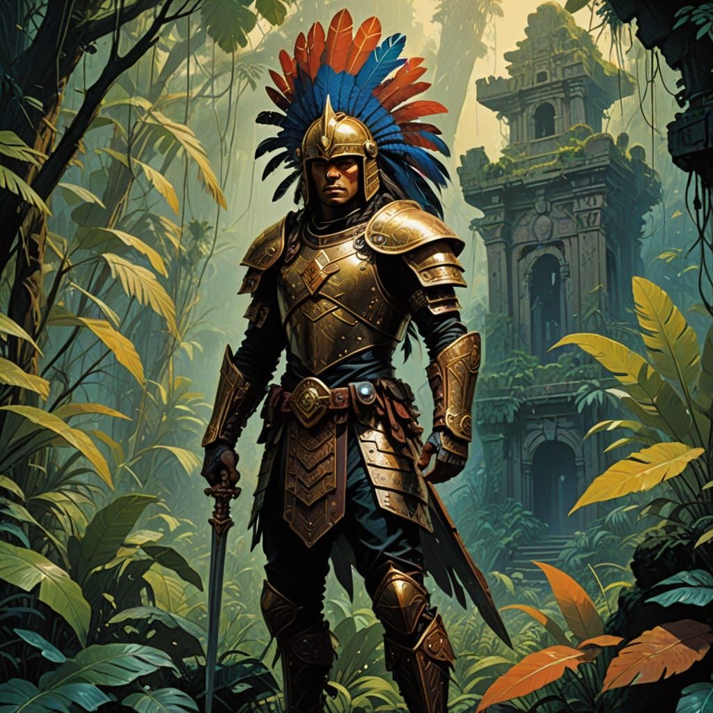 Fantastical Amazon Warrior in a Mysterious Jungle Landscape