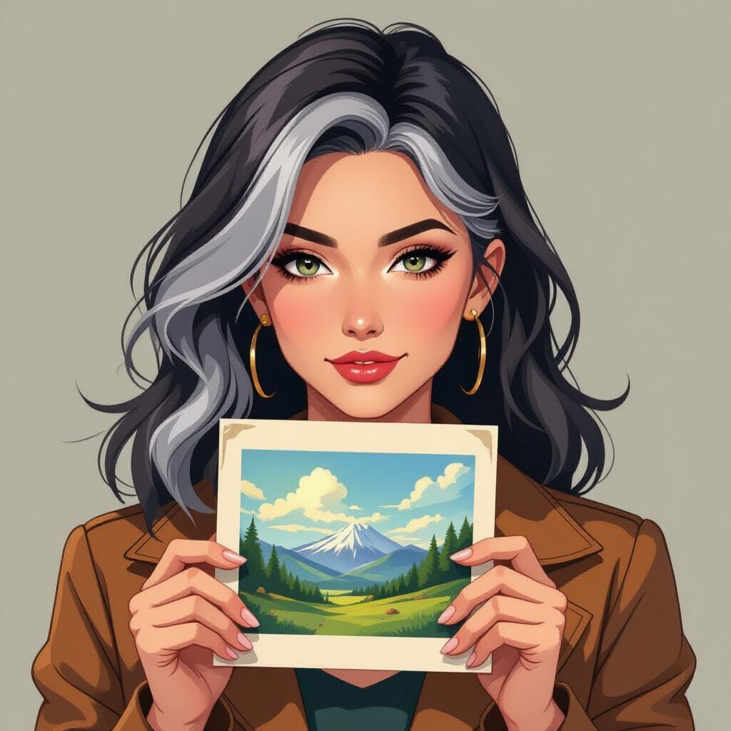 Woman with Photograph in Anime Art Style