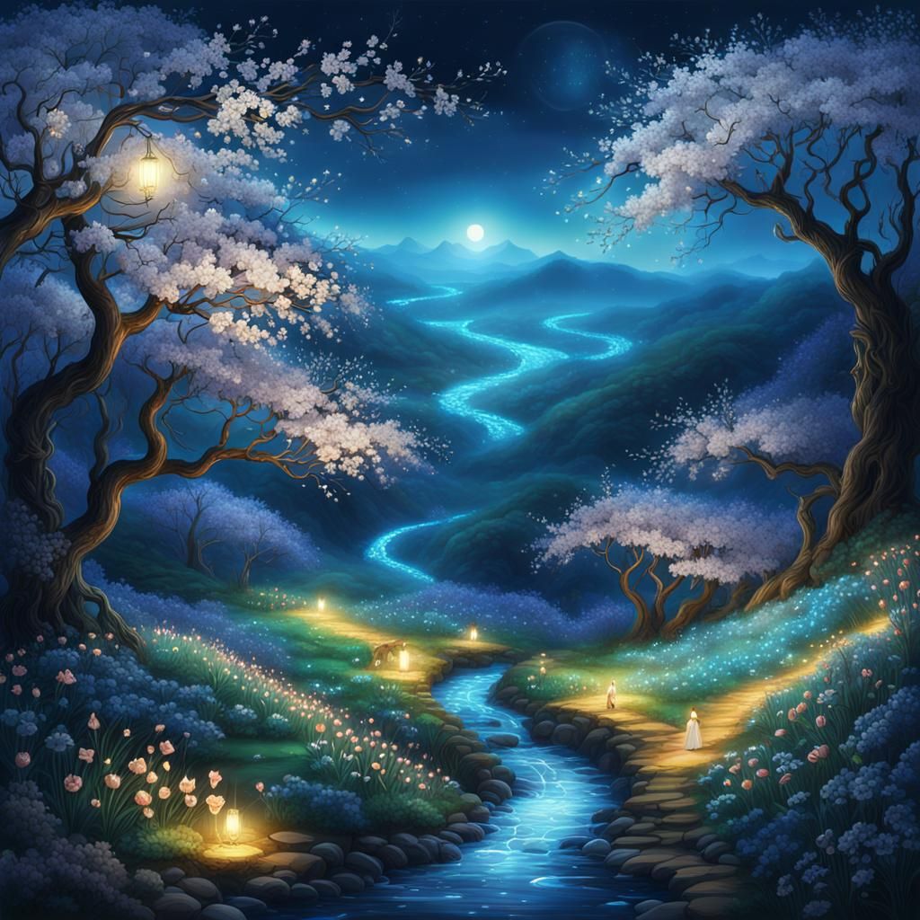 Spring Night Couple Under Ethereal Blue Sky