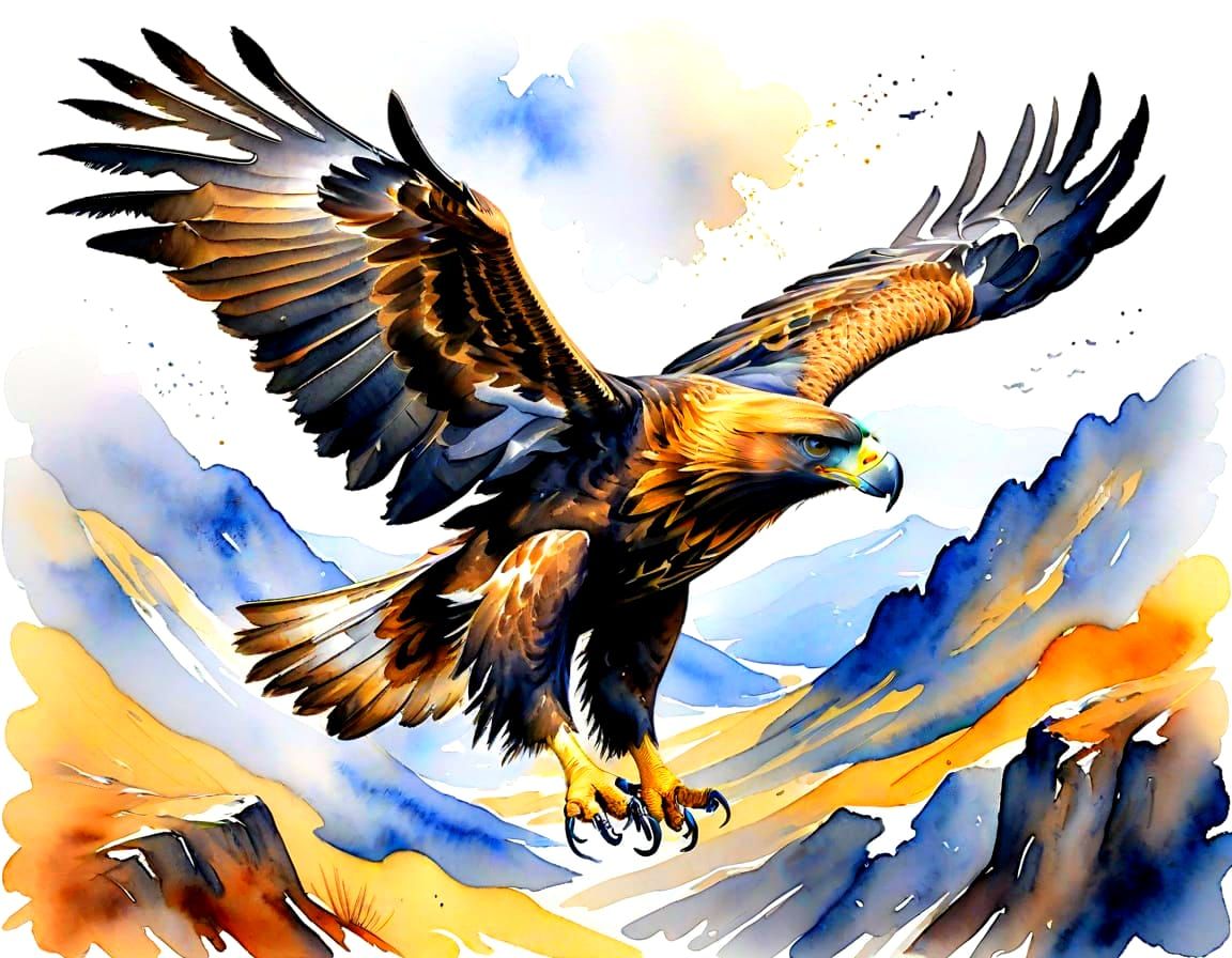 Majestic Golden Eagle Soars in Delicate Watercolor