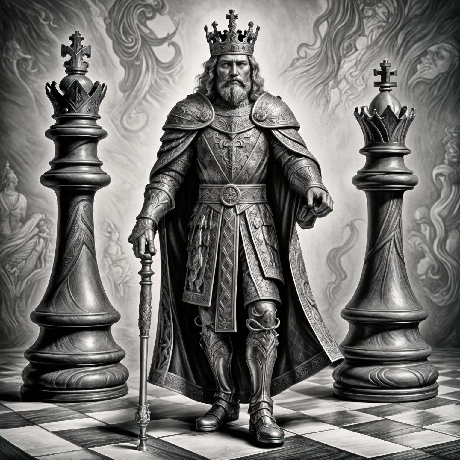 Dramatic King Emerges from Chessboard in Intricate Digital D...