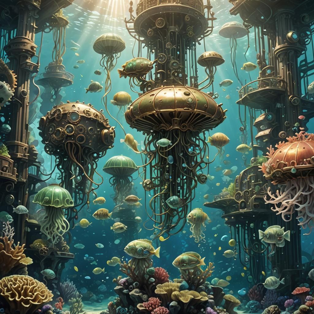 Steampunk Underwater Landscape with Iridescent Fish