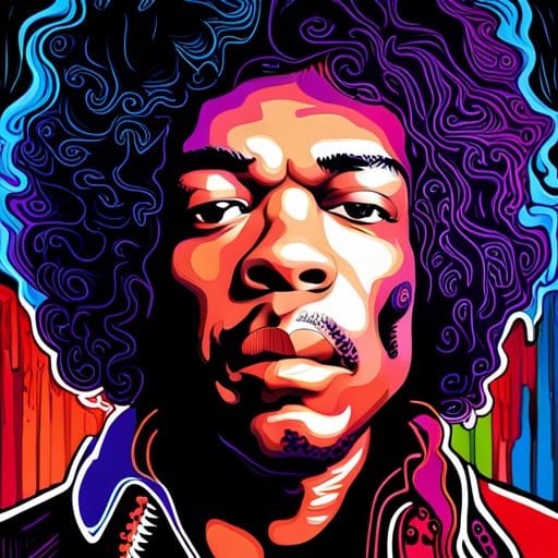 Psychedelic Jimi Hendrix Portrait in 1960s Poster Art Style