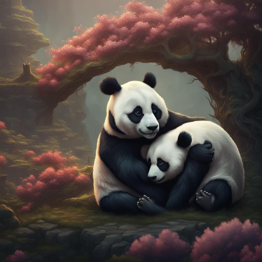 Panda and Mother Hug in Detailed Digital Painting