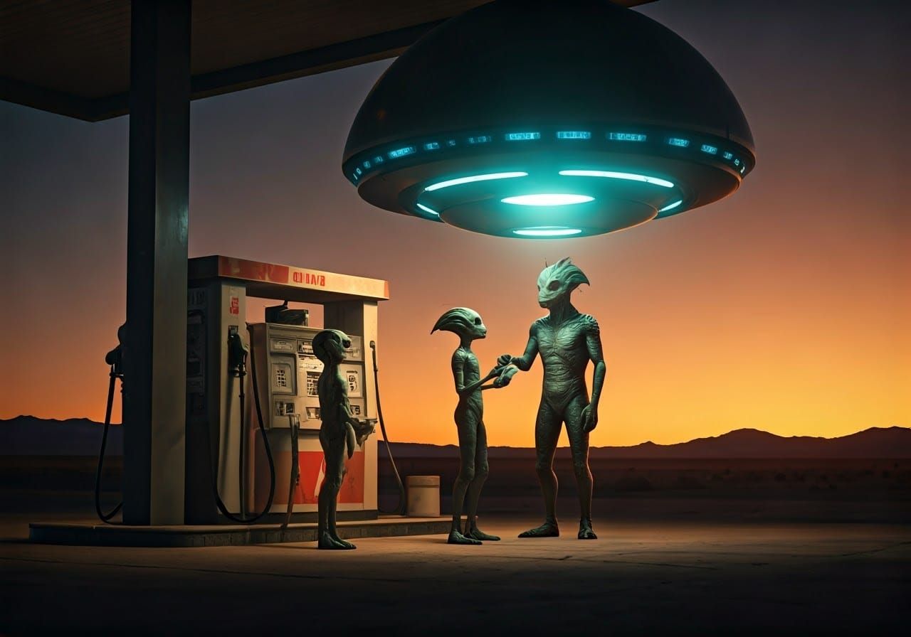 Flying Saucer at Desert Gas Station Sunset