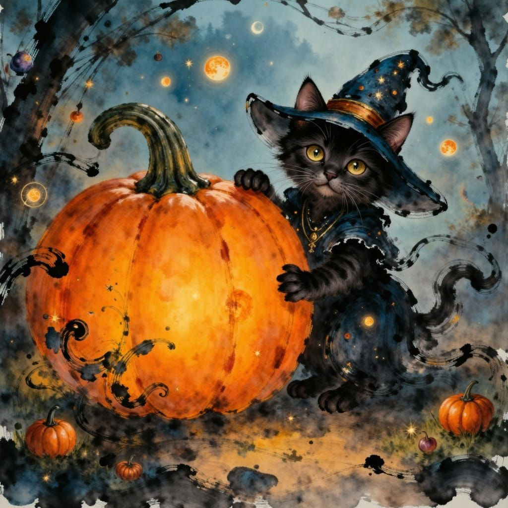 Mischievous Witch Cat in Enchanted Halloween Garden