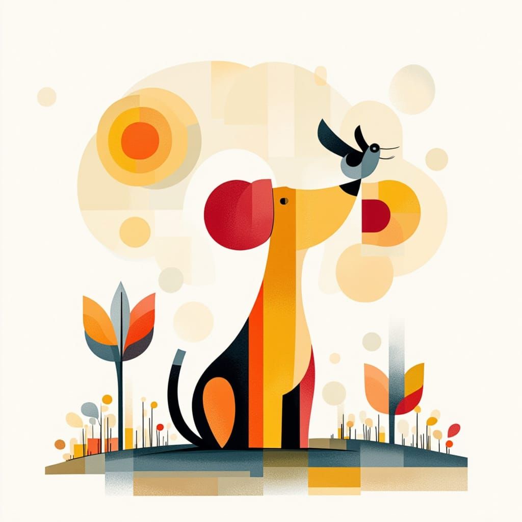 Whimsical Folk Art Puppy in Minimalist Style