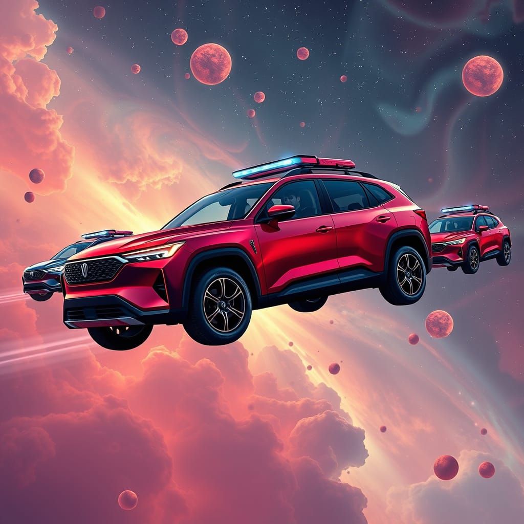 Rivian SUVs Soaring Through Chocolate Nebula in Anime Style