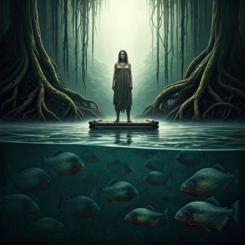 Eerie Fantasy Portrait of Woman Surrounded by Hungry Piranha...