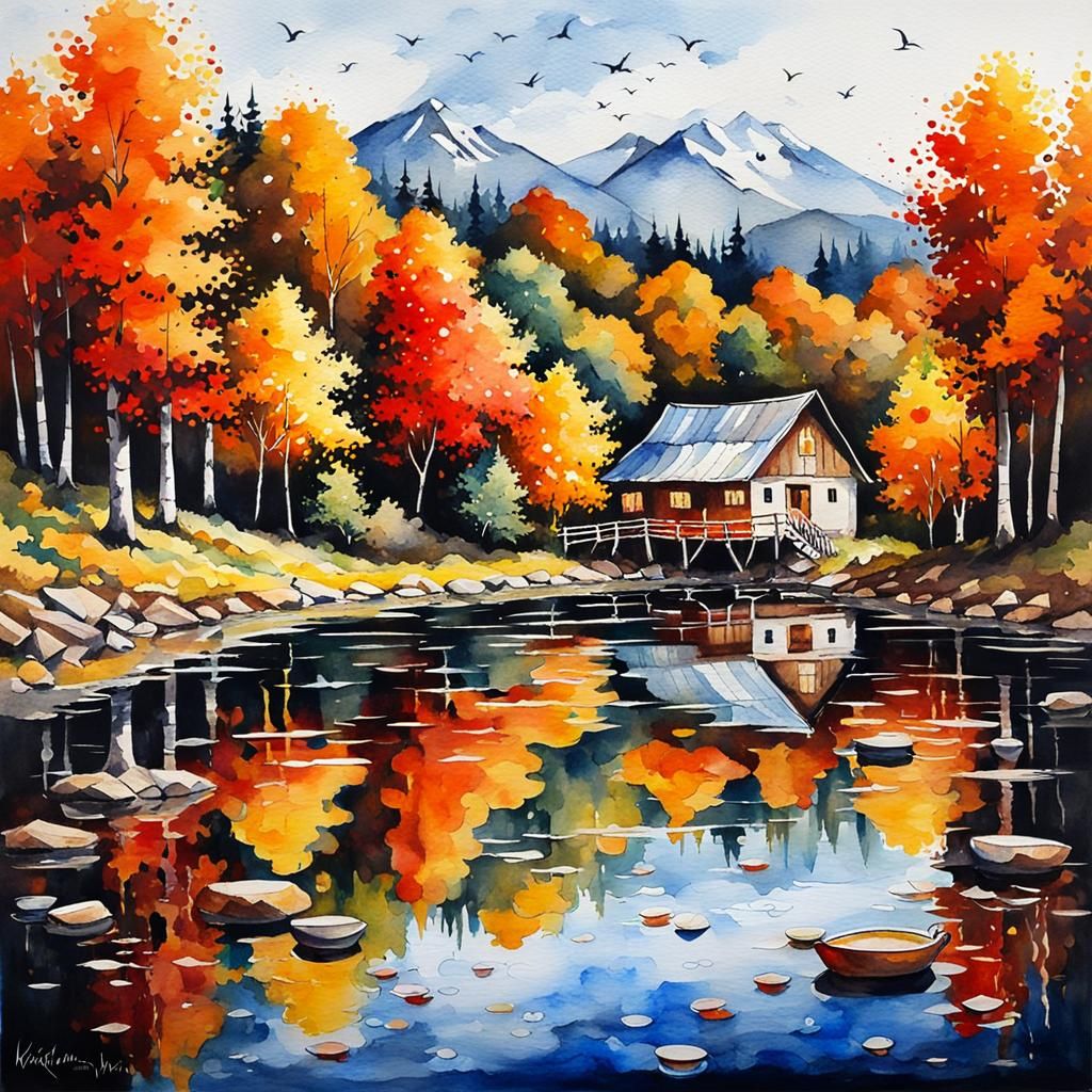 Autumn Teacup Scene: Acrylic Watercolor Panorama
