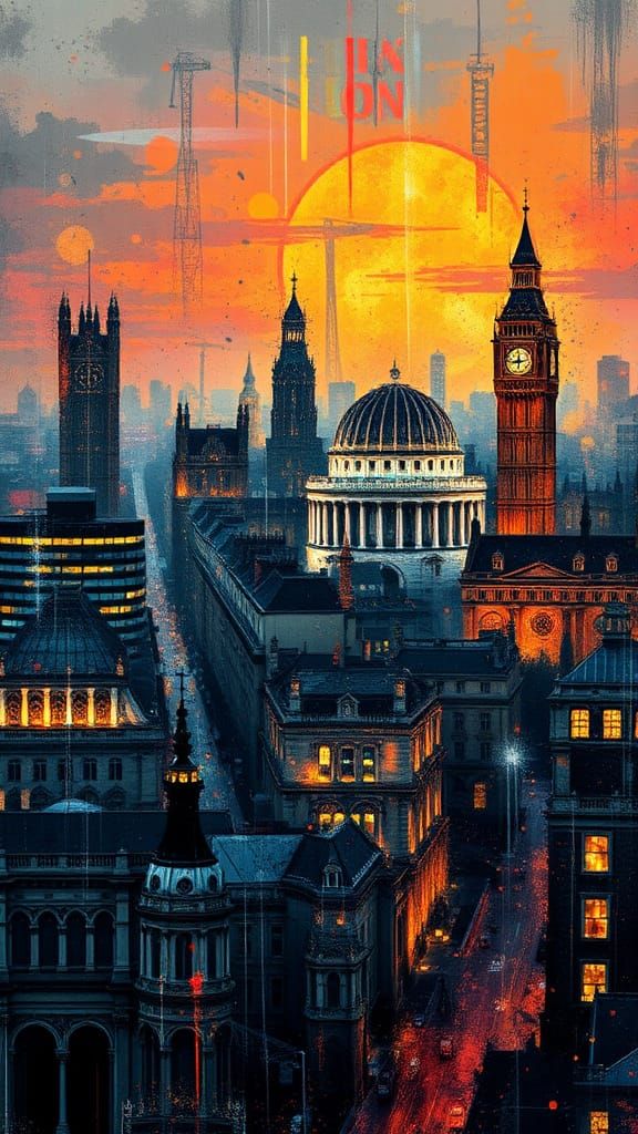 London Cityscape in Vibrant, Dreamy Splatter Art