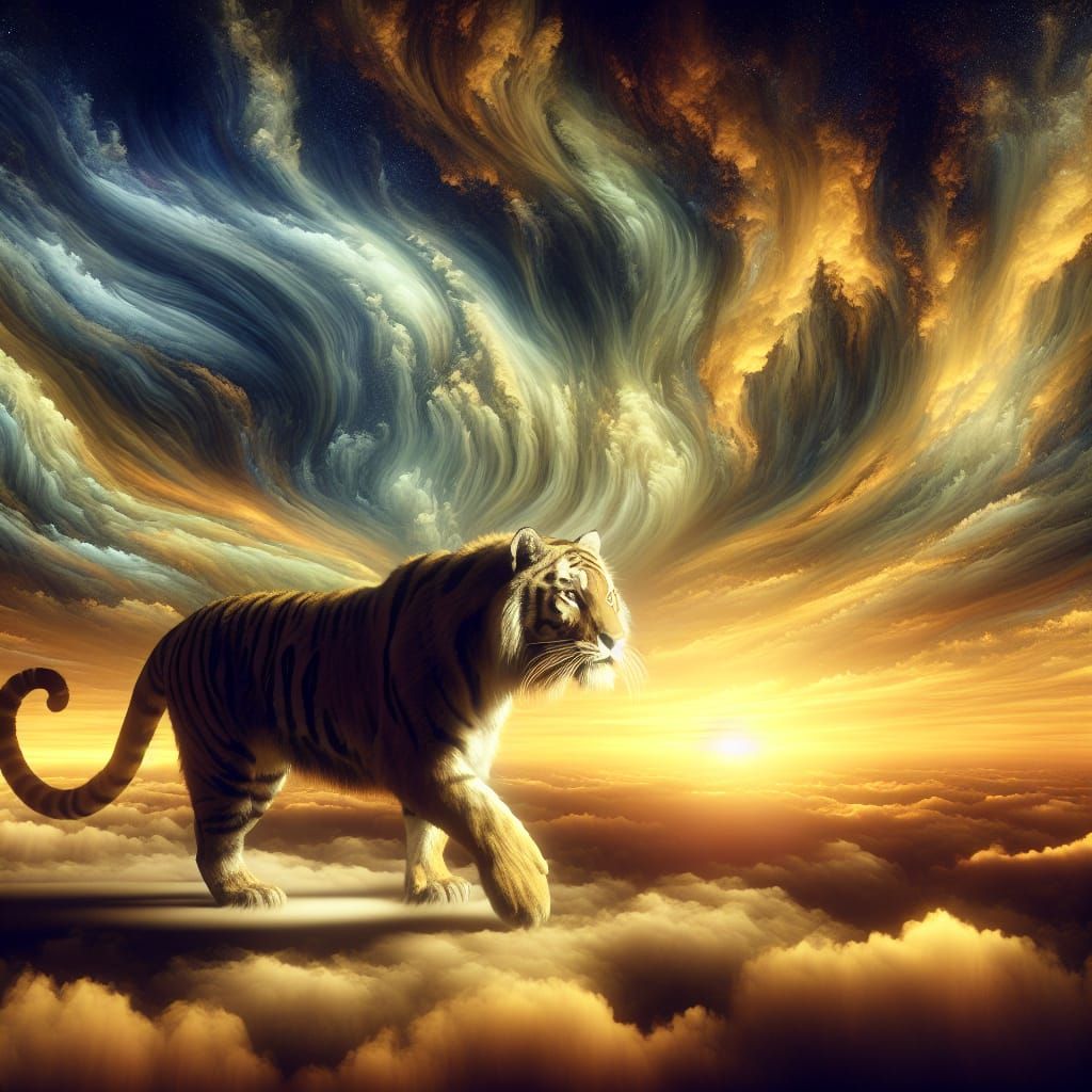 Majestic Tiger at Sunset with Golden Sky
