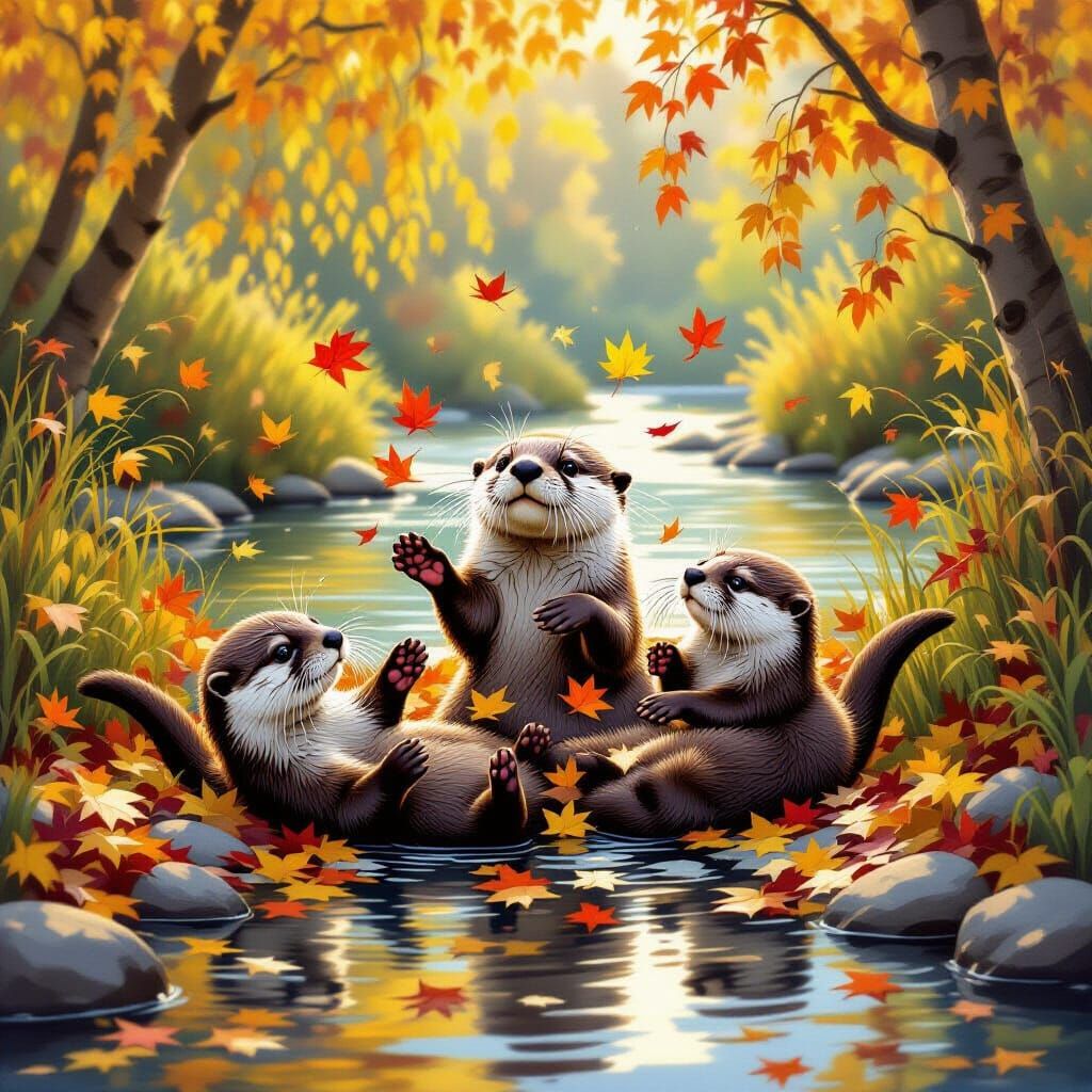 Playful River Otters in Autumn Acrylic Painting