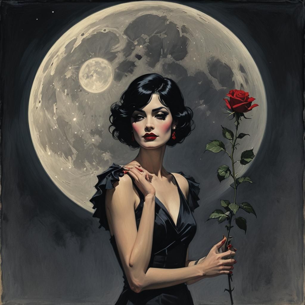 Woman in Cabaret Style at Night with Rose