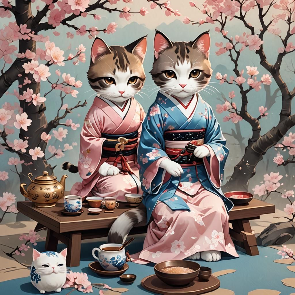 Chibi Cat Girl Tea Ceremony in Ukiyo-e Style