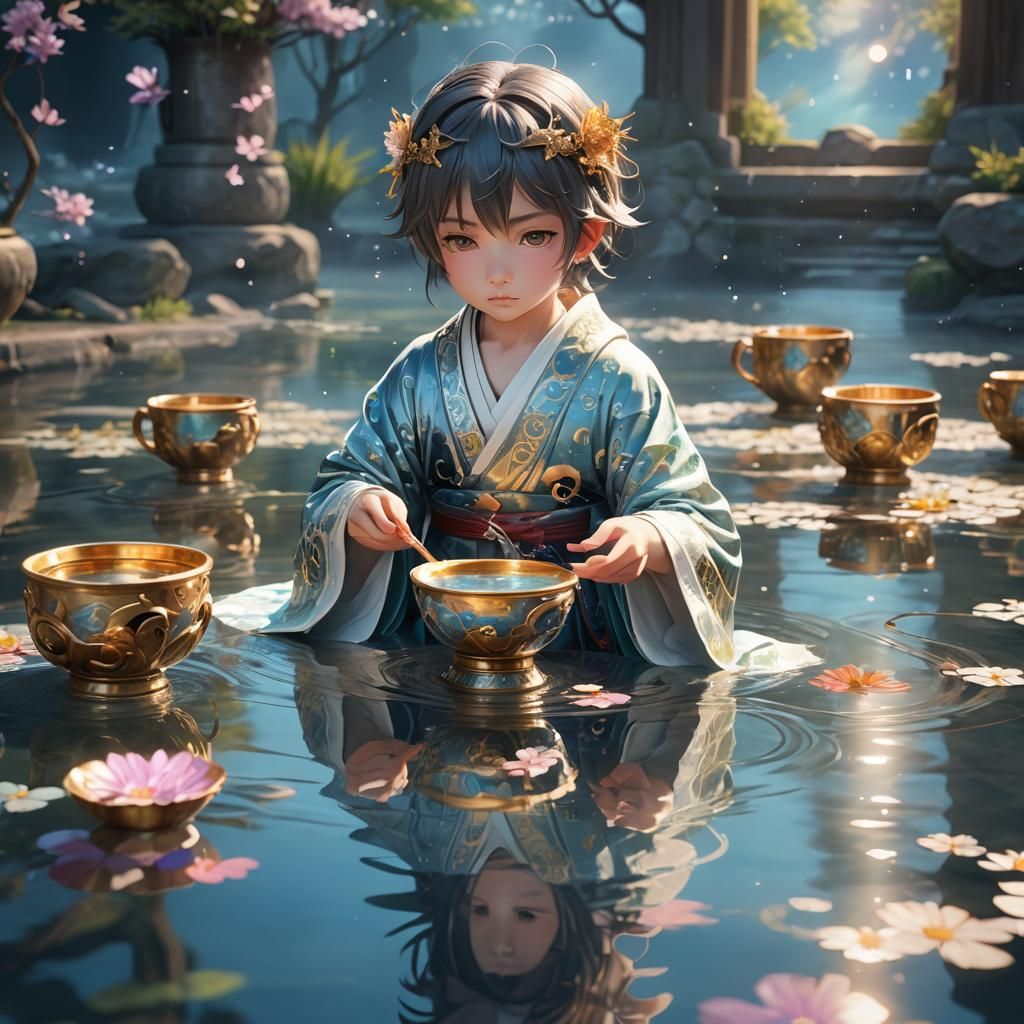 Mystical Child Gazing into Water: Surreal Anime Art