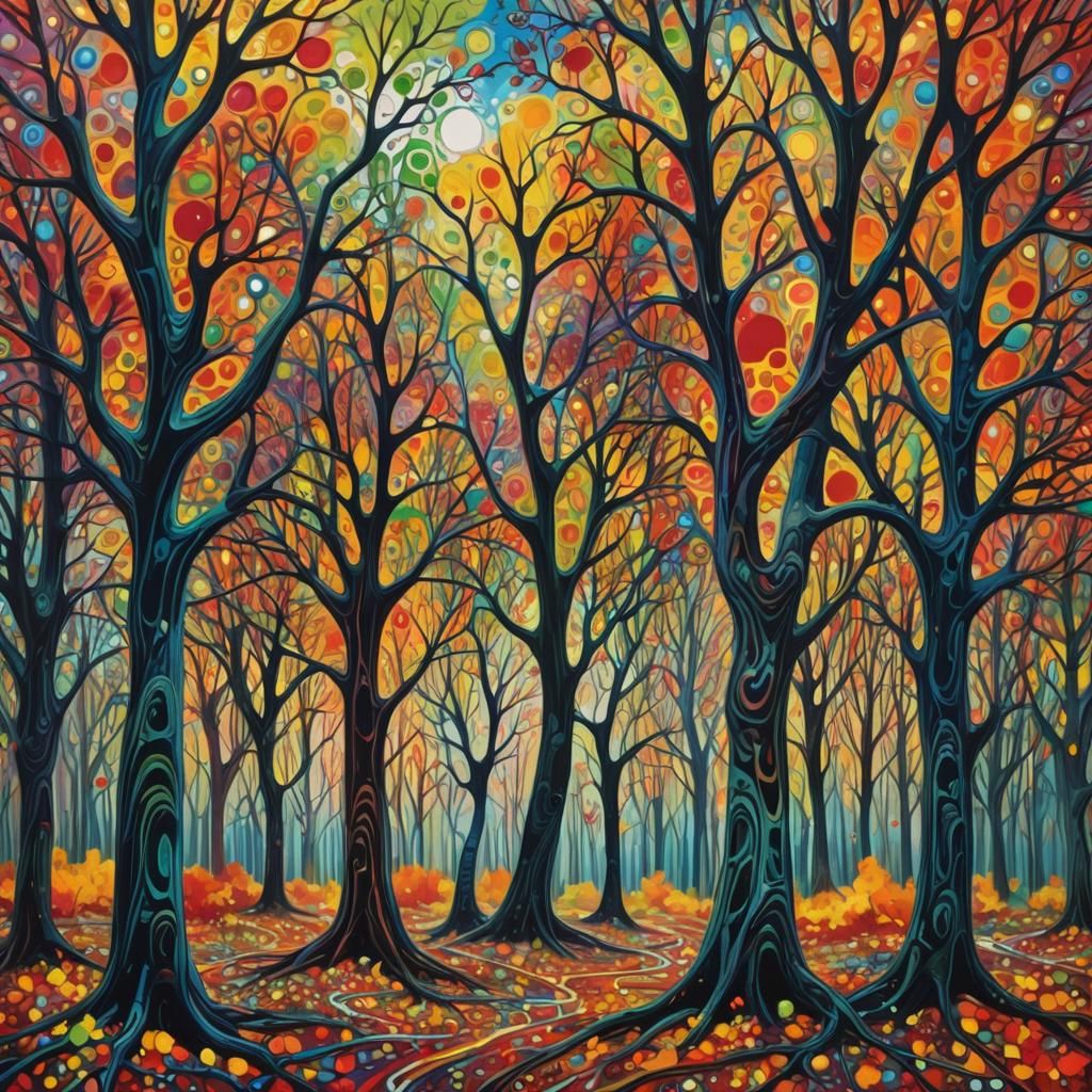 Psychedelic Autumn Forest Landscape in Acrylic Painting Styl...