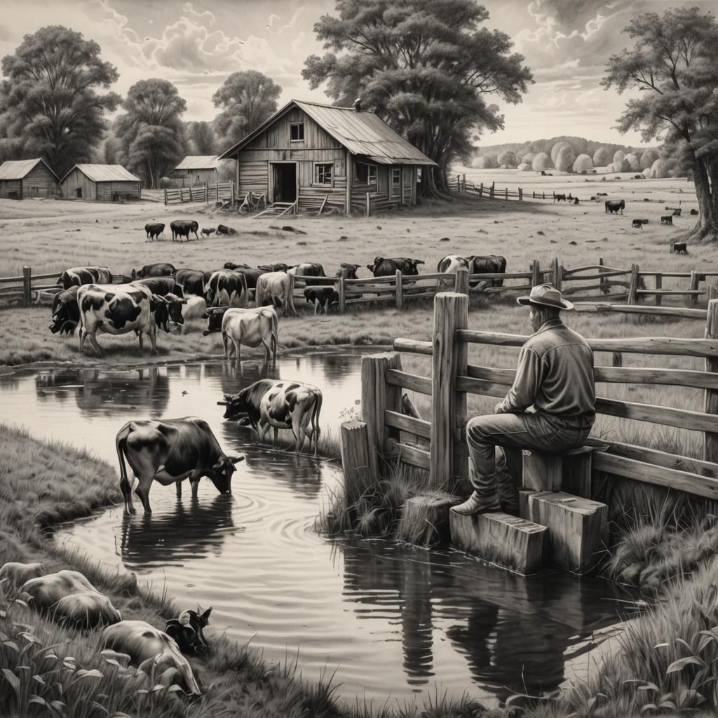 Pastoral Scene with Cattle in Charcoal Style
